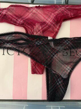 TWO (2) Victoria's Secret The Lacie Shimmer Mesh Thong Panty Black + Red NWT